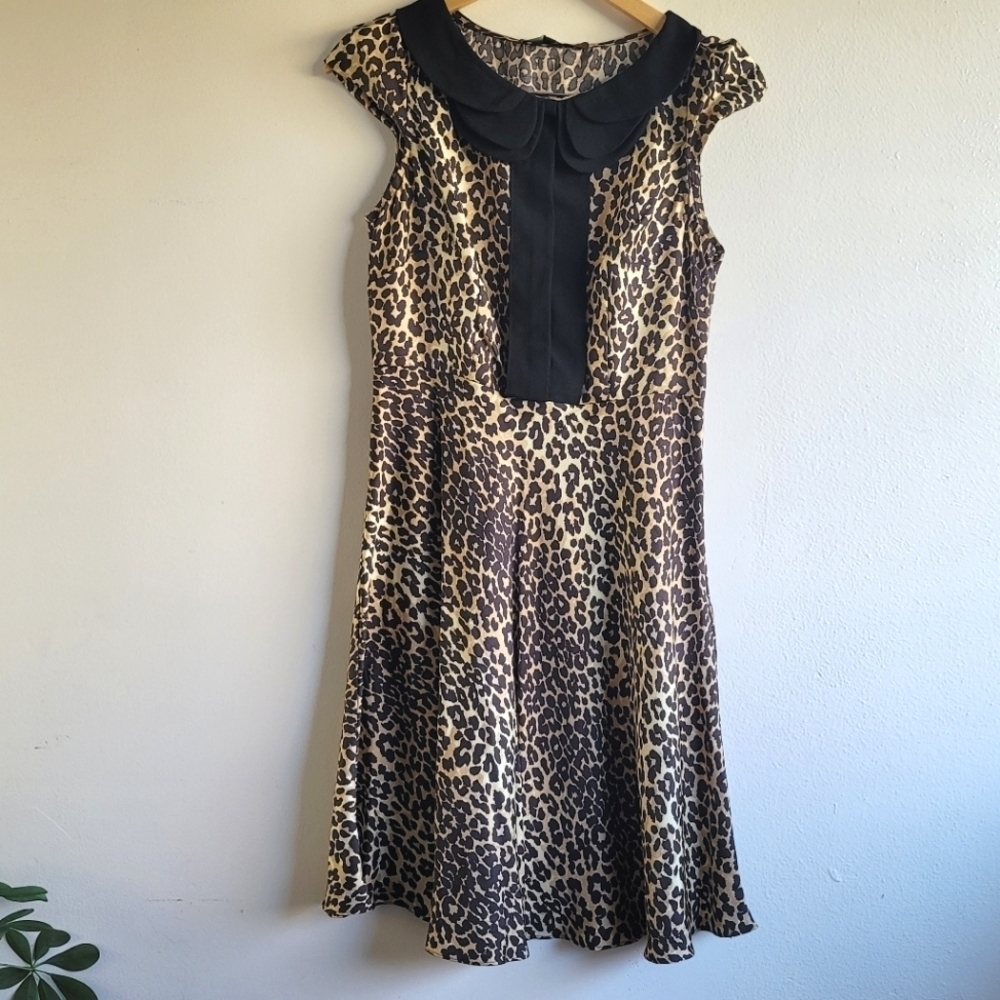 Eva Franco, Kitten Sheath Dress‎ in Elmwood, Black/Brown/Tan/Cream, Size 6.